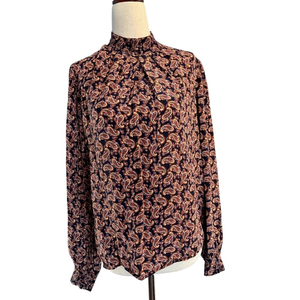 Vanessa Bruno Blouse Shirt Band Collar Silk Blend Blue Lavender Rust Paisley S